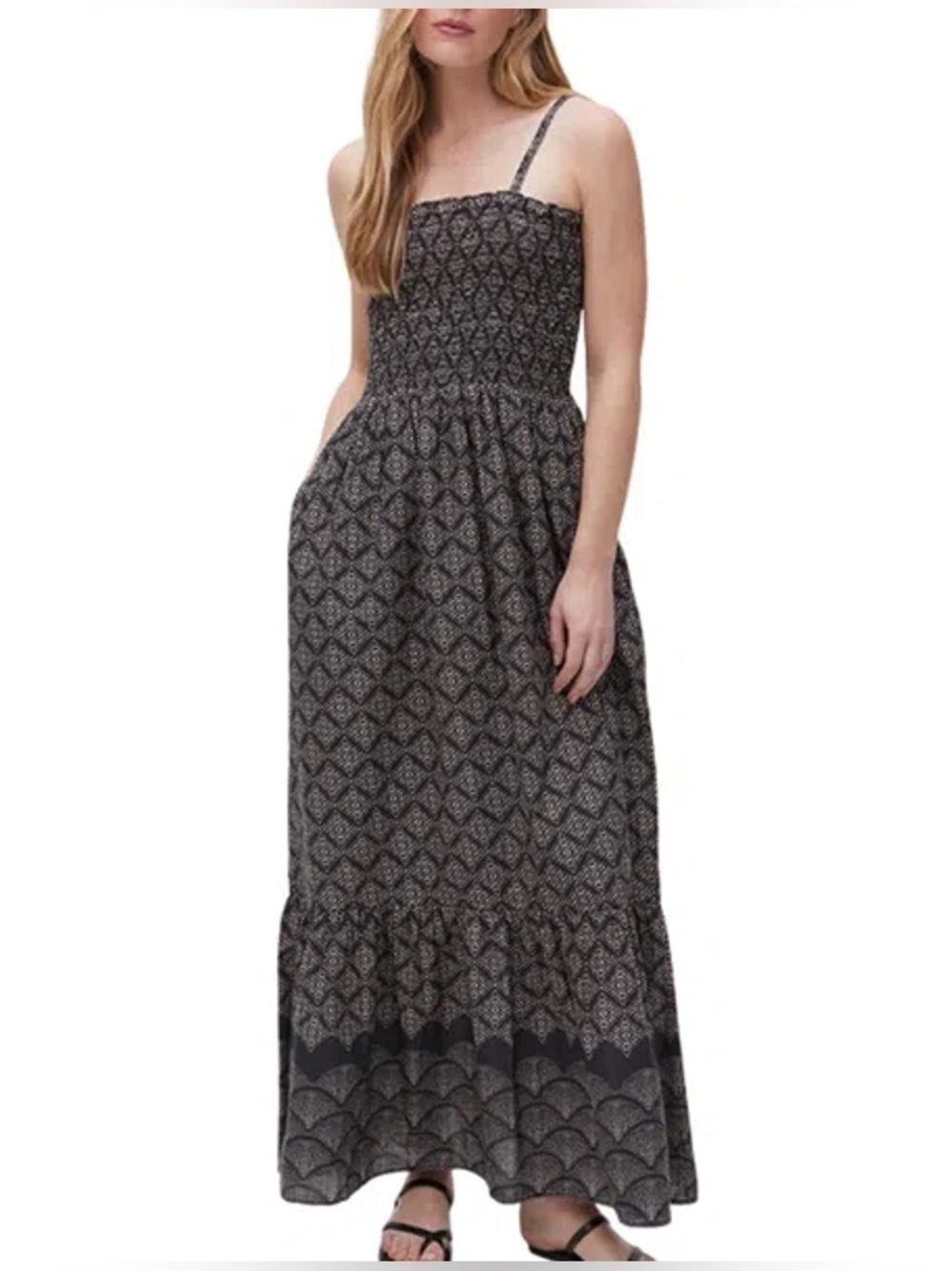 NWT Michael Stars Alejandra Smocked Maxi Dress In Black Combo Size Medium